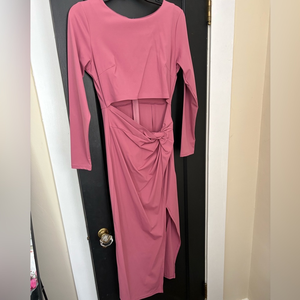 Berry Pink Long Sleeve Cutout Midi Dress